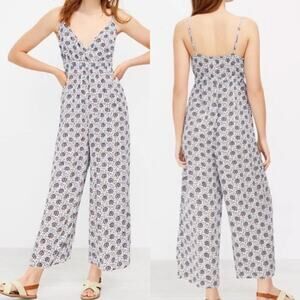 Loft Beach Blue White Floral Boho Surplice V-neck Wide leg Jumpsuit Small